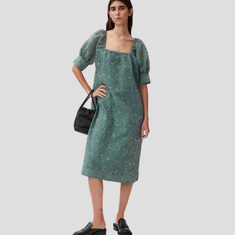 GANNI Jacquard Puff Sleeve Midi Dress - Myrtle